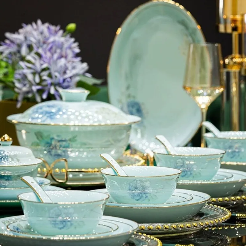 

Noodle shadow celadon tableware set Chinese dish set Household housewarming gift