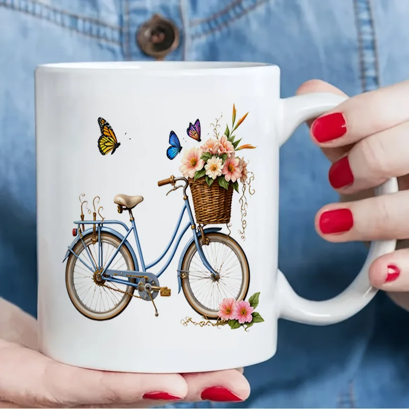 Vintage Bicycle With Flower Basket Colorful Print Ceramic Coffee Mug, 11oz 350ml Personalized Custom Mug, Cute Aesthetic Mug Mic