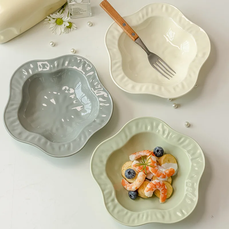 

8-inch Flower Straw Hat Shaped Ceramic Plates Ins Style Home Wholesale Tableware Pasta Salad Dinner Pet Plates