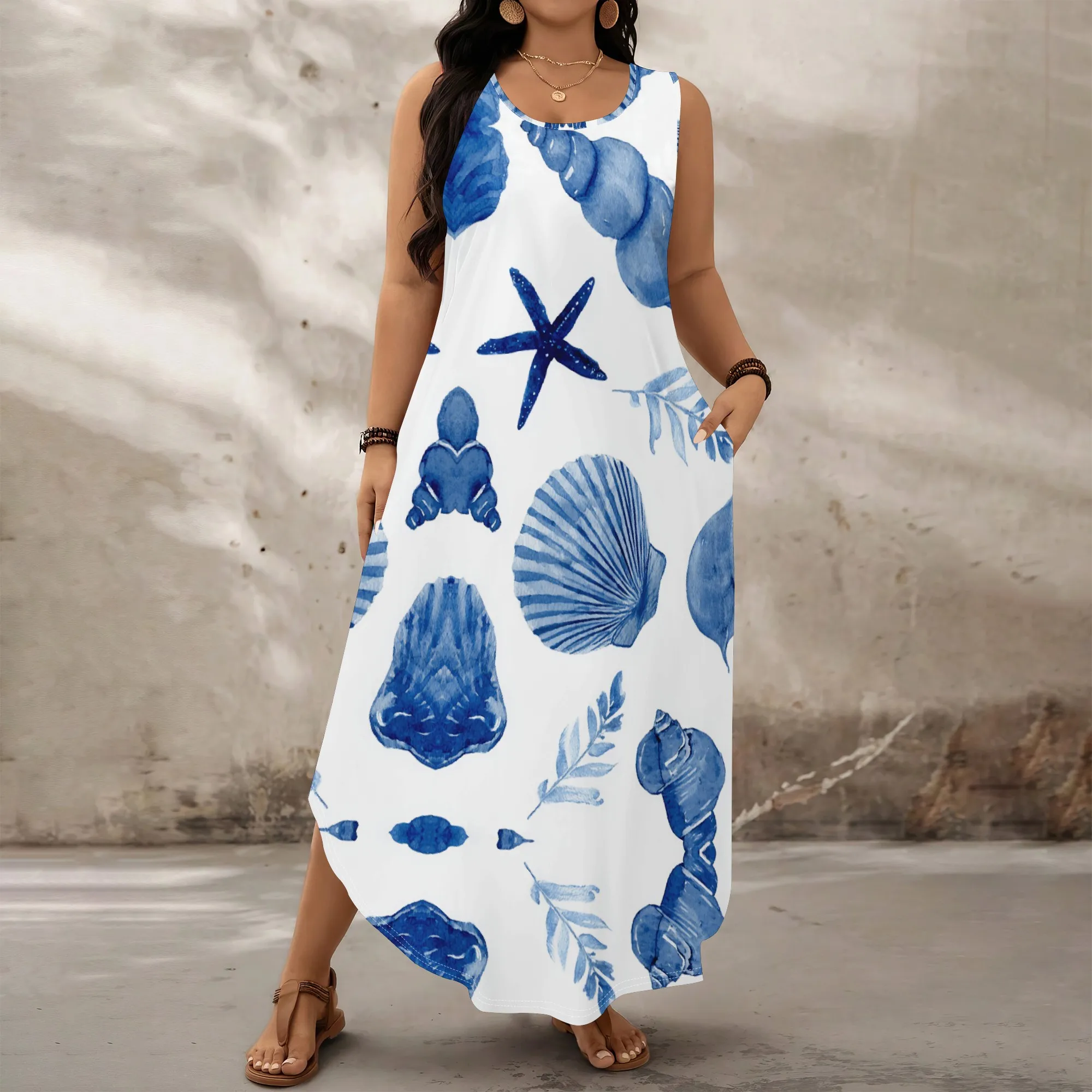

Plus Size Blue Seashell Print Maxi Dress XL-6XL Sleeveless Loose Fit for Beach Vacation, Cruise or Summer Resort Look
