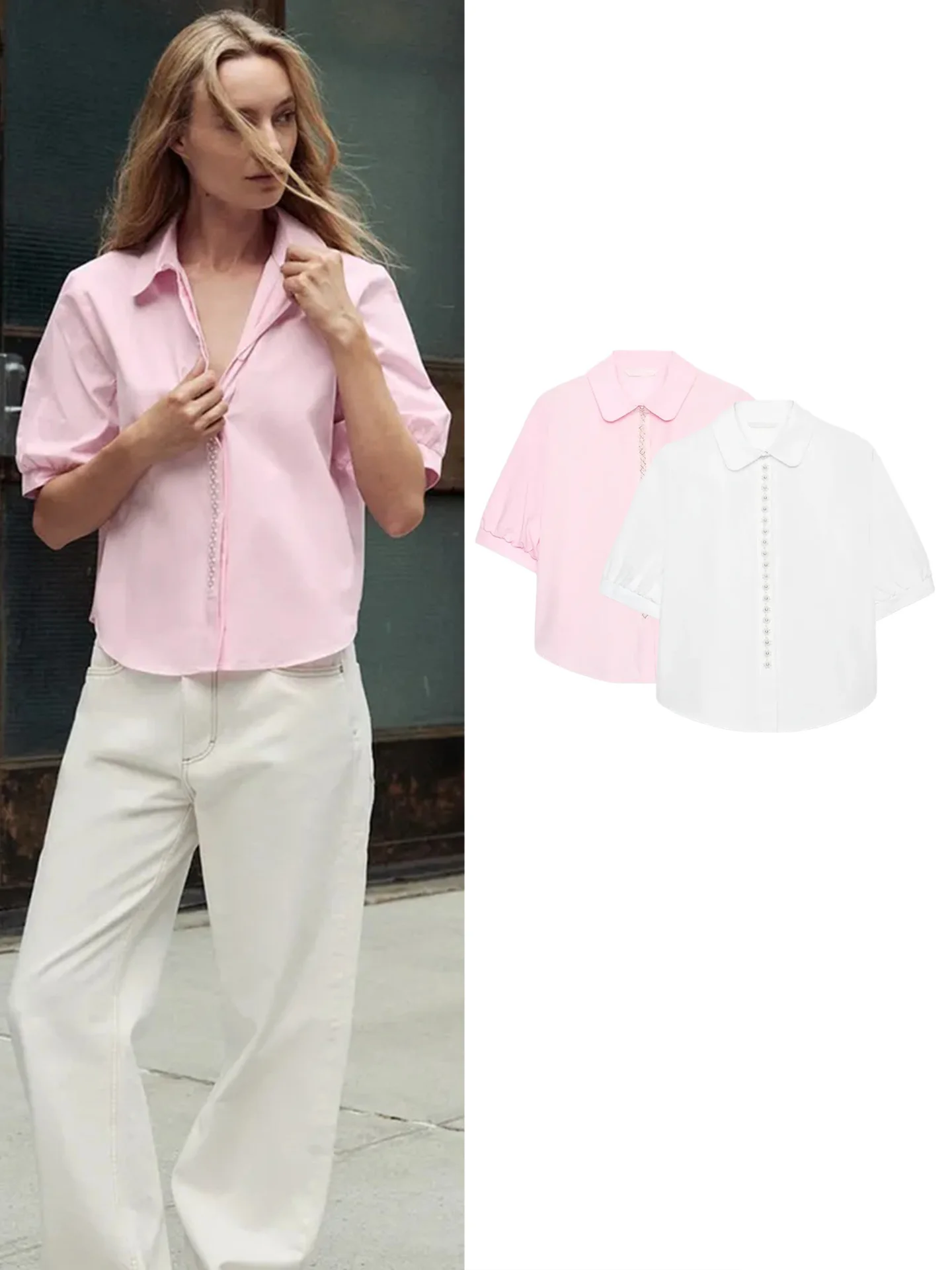 Summer New Women's Shirt Pearl Decorated Short Sleeve Turn-down Collar Hidden Button French Style Loose Fit Skin-friendly Bre...