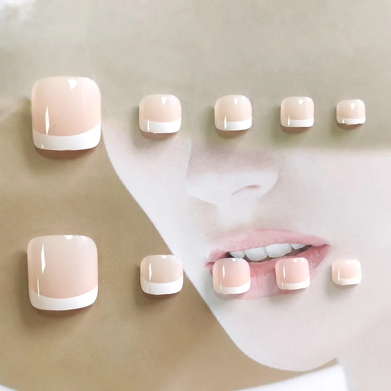 24 uñas postizas para pies, nude, cuadradas, brillantes, con borde blanco francés, para mujer. 3