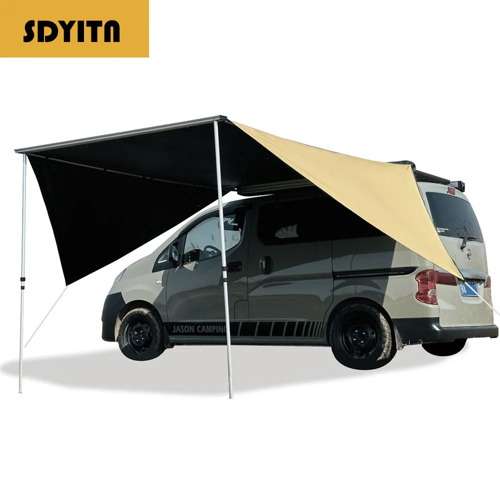 

Car-Attached Black Vinyl Side Tent with Large Winged Awning for Sun Shade and Rain Protection