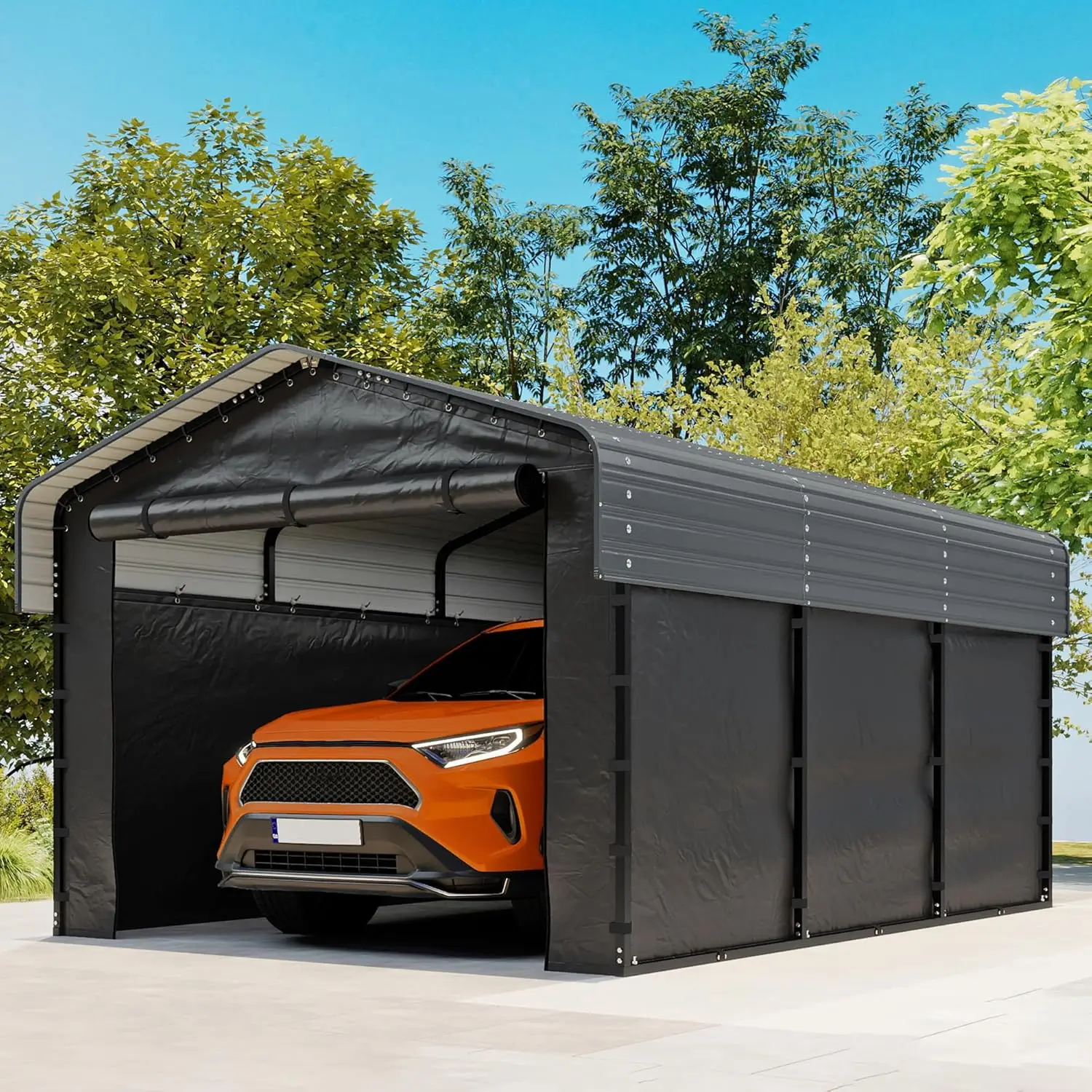 

10x15FT Heavy Duty Carport Galvanized Steel Roof Removable Sidewalls Door Garage Shelter Cars Trucks Boats Customized