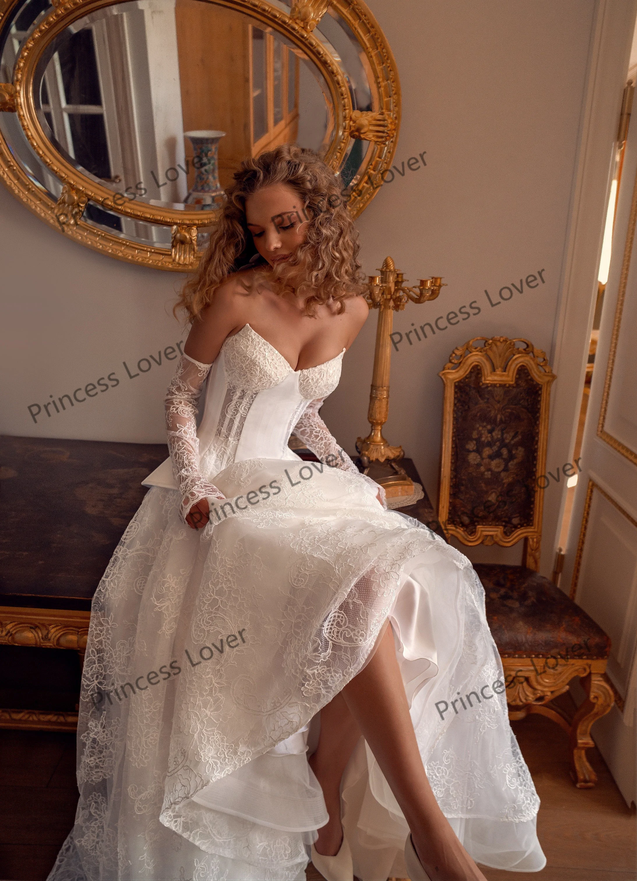 Lace Corset Wedding Dresses Peplum Detail Sheer Lace Gloves Elegant Bridal Gown Modest Engagement Party Dress Customized