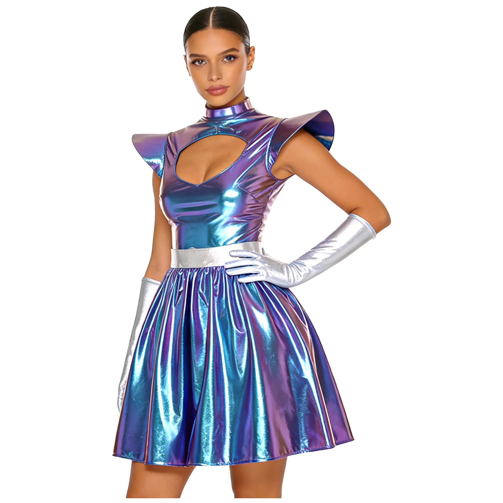 ชุดคอสเพลย์นักบินอวกาศหญิง ชุดเอเลี่ยน ชุดแฟนซีอวกาศ ผ้าเมทัลลิกเงาวาว พร้อมถุงมือ แผ่นรองไหล่ ทรงเอไลน์ ชุดหุ่นยนต์เอเลี่ยน