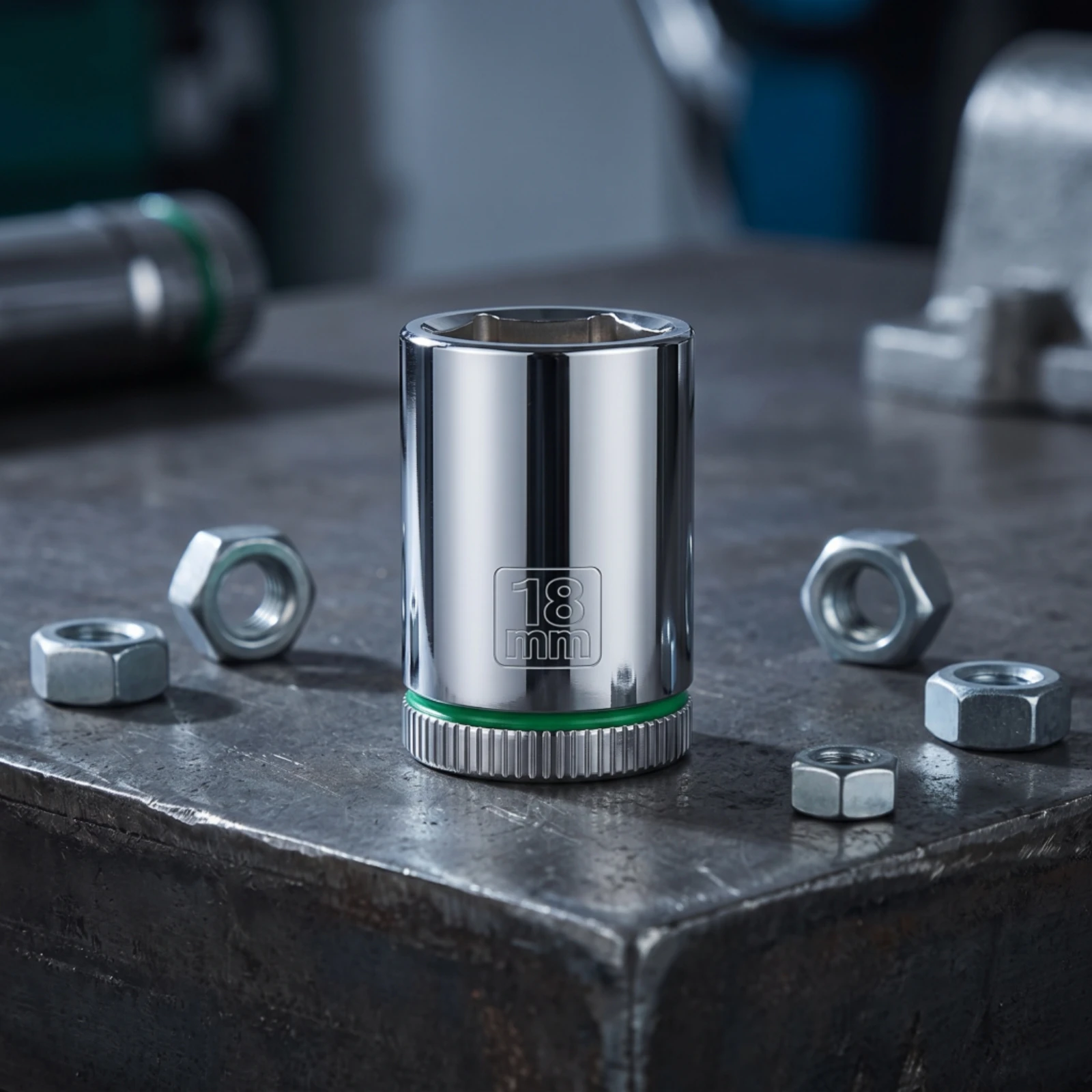 Hex Socket with Green Band Heavy-Duty Socket with Knurled Grip Compact for Mechanics, Workshop, Garage