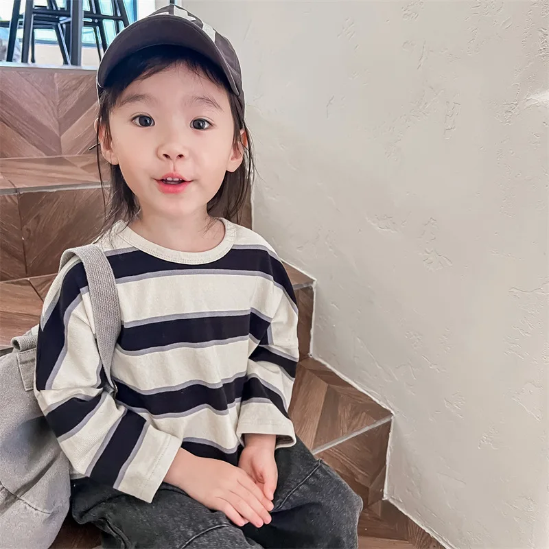 Children\'s Long Sleeve T-Shirts 2025 Spring Korean Baby Boys Girls Striped Bottoming Shirt 1-6Year Kids Casual Tops