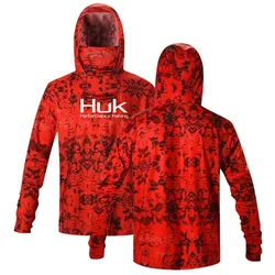 HUK Fishing Shirts UPF 50+ Face Mask Long Sleeve Jerseys Summer Sun Protection T-Shirts Men's Hooded Face Cover Fishing Clothes