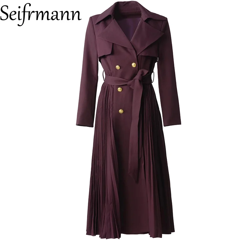 Seifrmann Solid Color Pleated Trench Coat Lapel Long Sleeve Lace Up Waist Trench Coat 2026 Autumn Fashion Women's New Style