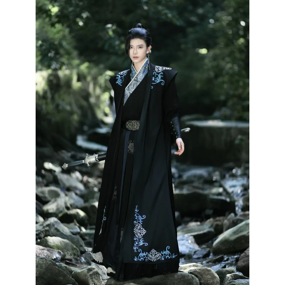 

Men's Song Style Hanfu Black Embroidery Set, Ancient Chinese Young Master Daily Outfit, Not Traditional Costume