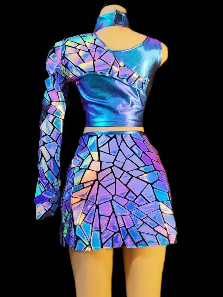 Mirror Purple Blue Laser Vest Mini Skirt Dance Costume Bar Nightclub DJ Gogo Dancer Sexy Stage Wear Club Party Festival Clothing