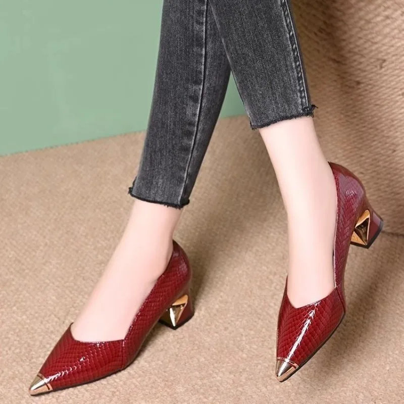 Special Heel Single Shoes Autumn New Metal Pointed Toe Shallow Mouth Slip-on Non-Slip Kitten Heels