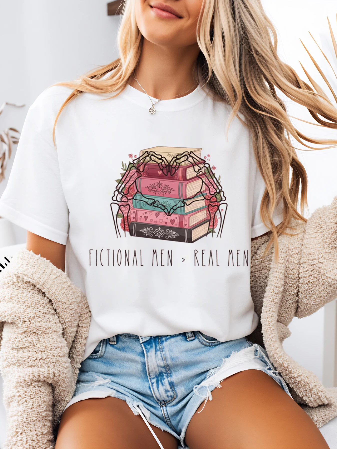 Fictional Men Real Men Book Stack Print t Shirt Valentine's Day Women Casual Top for Reading Lovers White Plus-Size