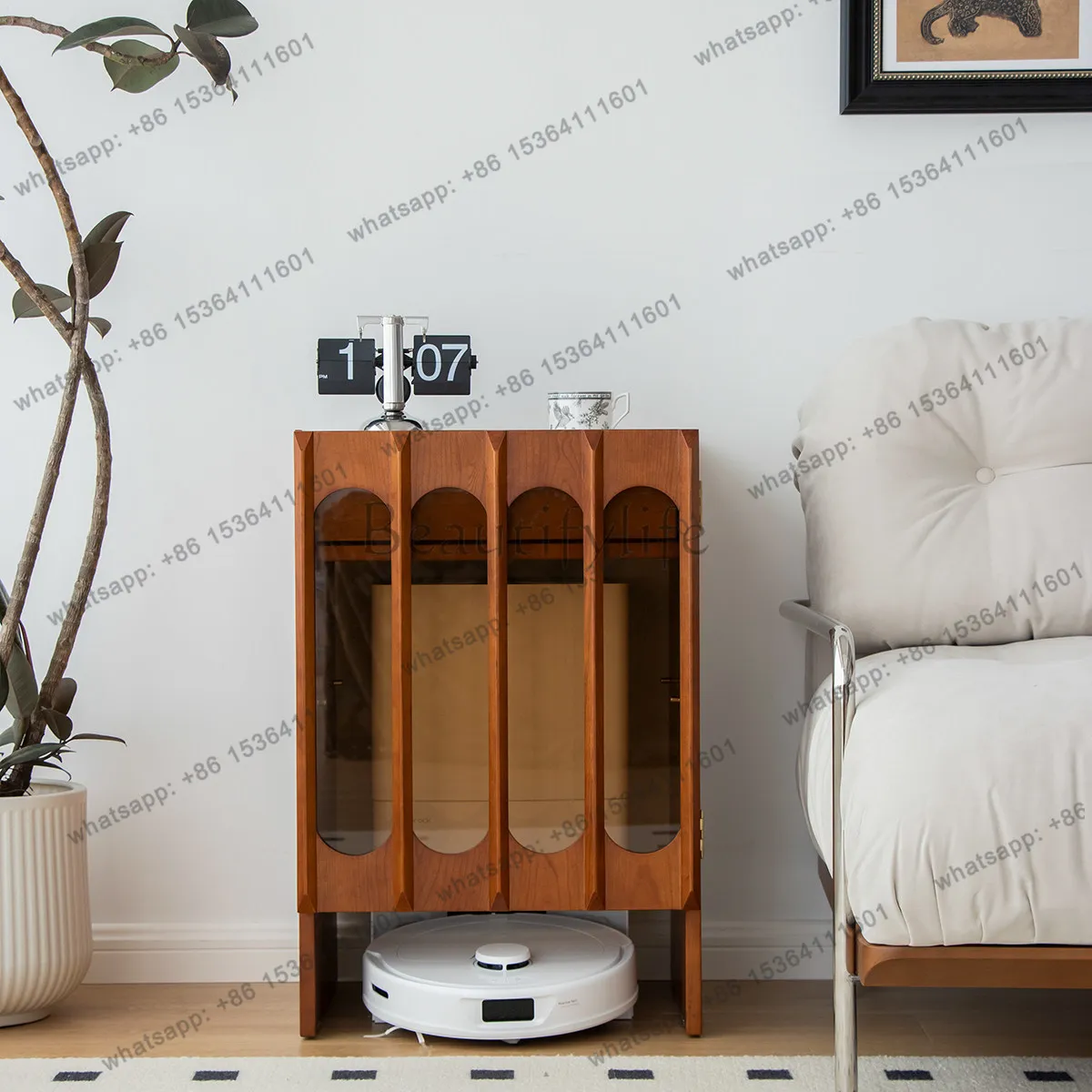 Sweeping robot storage cabinet for significant other retro solid wood sofa side cabinet