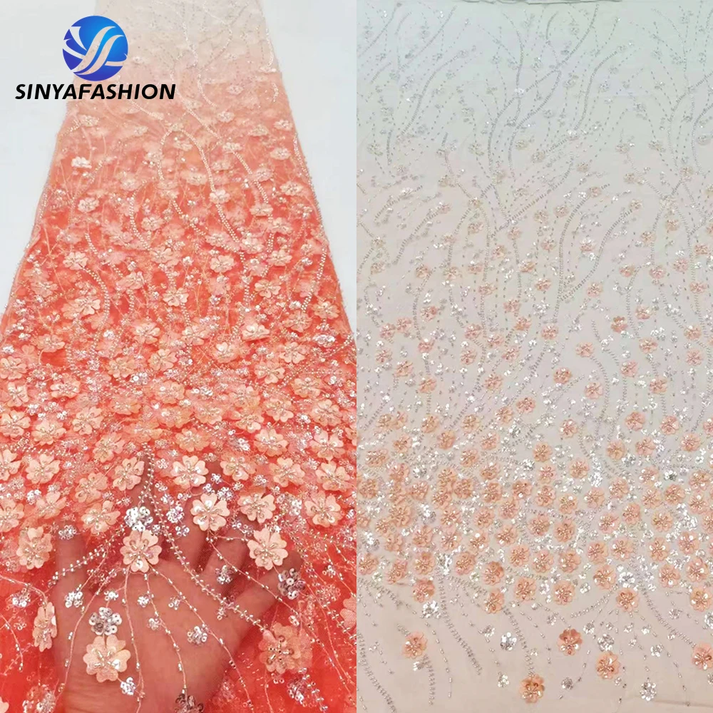 Sinya High-end Luxury Wedding Party Evening Bridal Dress Sew Material Gradient Color 3D Flower French Sequins Beaded Lace Fabric