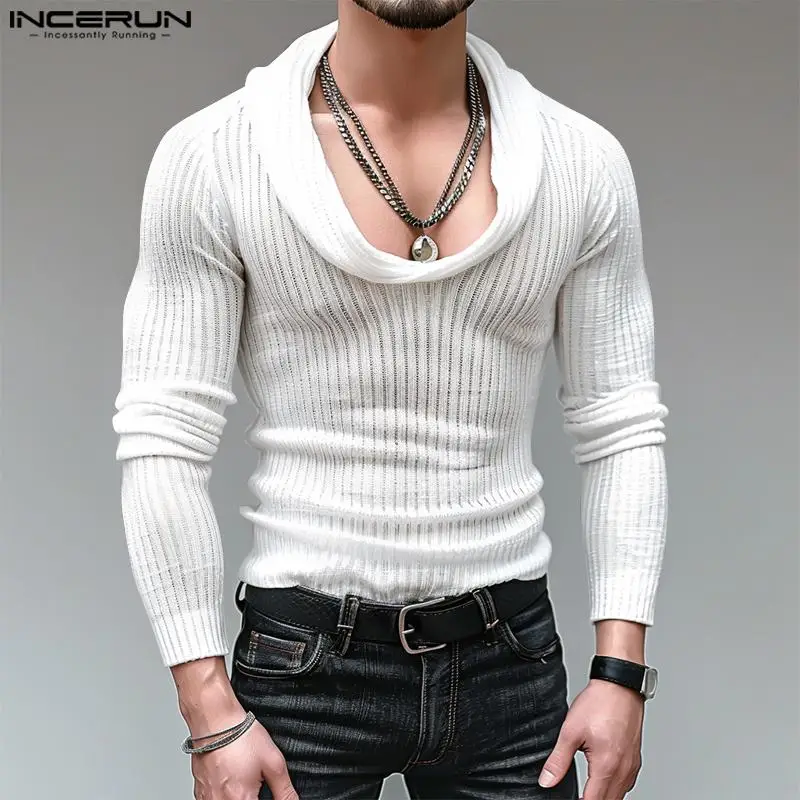 INCERUN Men T Shirt Solid Color Turtleneck Long Sleeve Knitted Casual Men Clothing Streetwear 2024 Fitness Fashion Male Tee Tops