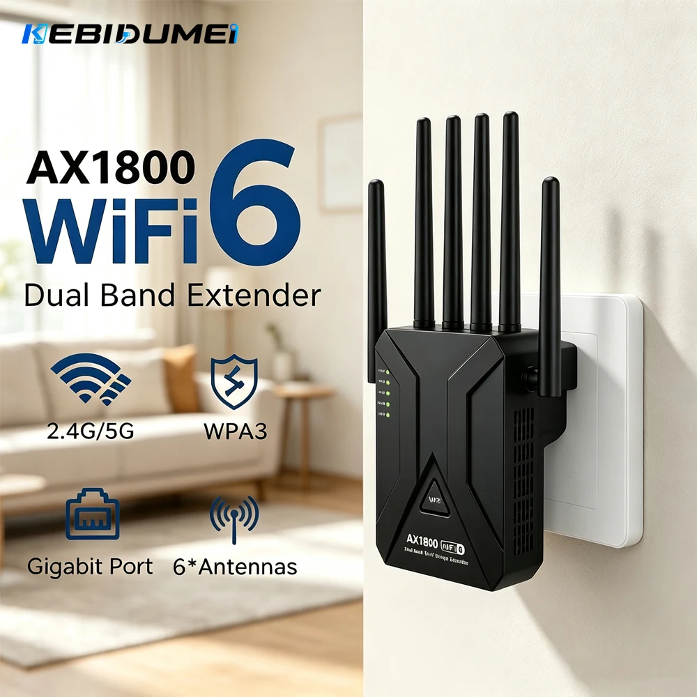 KEBIDUMEI 1800Mbps WIFI6 Repeater Dual Band 2.4Ghz 5GHz Extender Wi-Fi Amplifier High Gain 6 Antenna Wi-Fi Booster Range Signal