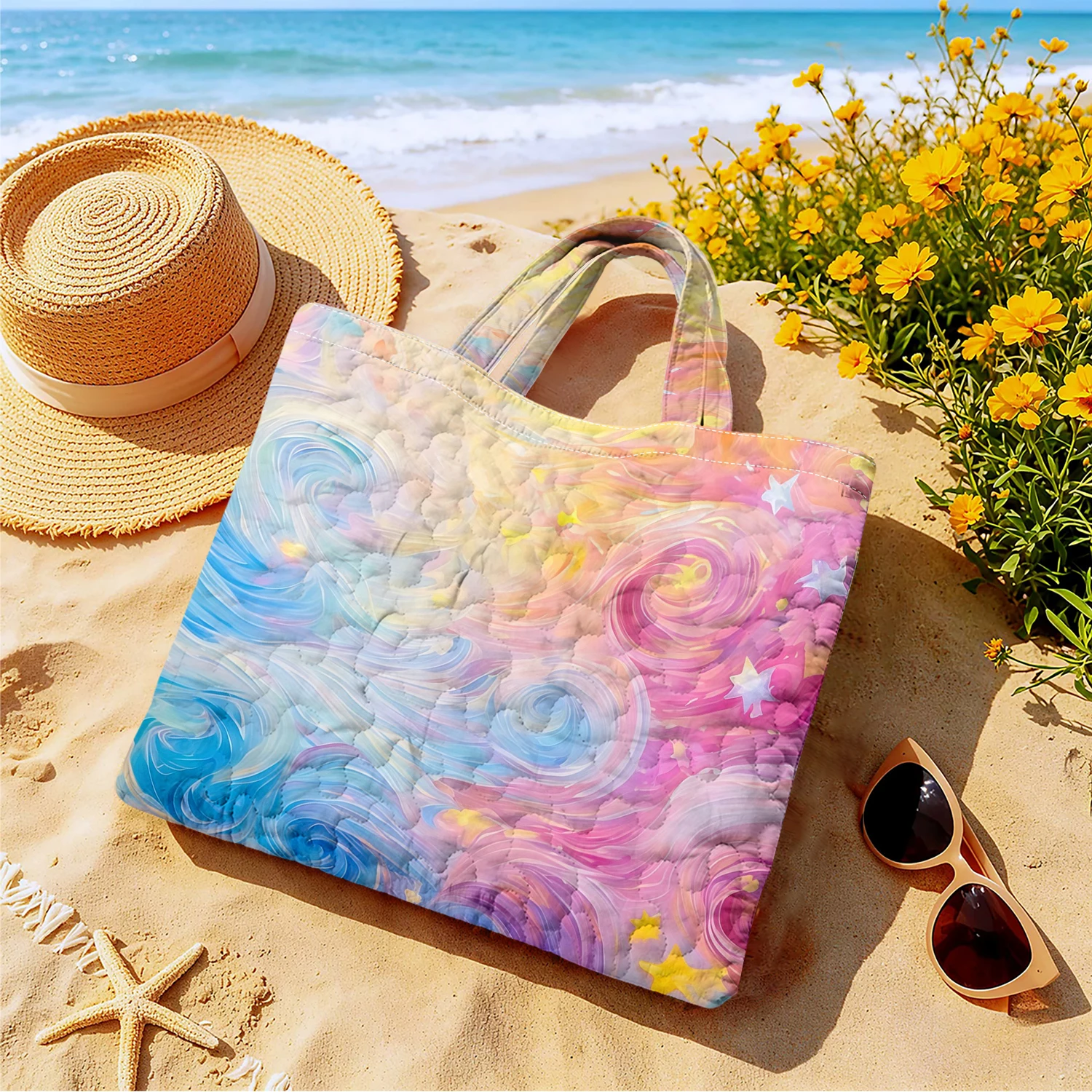 Pastel Star Swirl Women canvas shoulder bag Dual-Side Printed Tote Bag shopping bag Fashionable and fun gift handbag