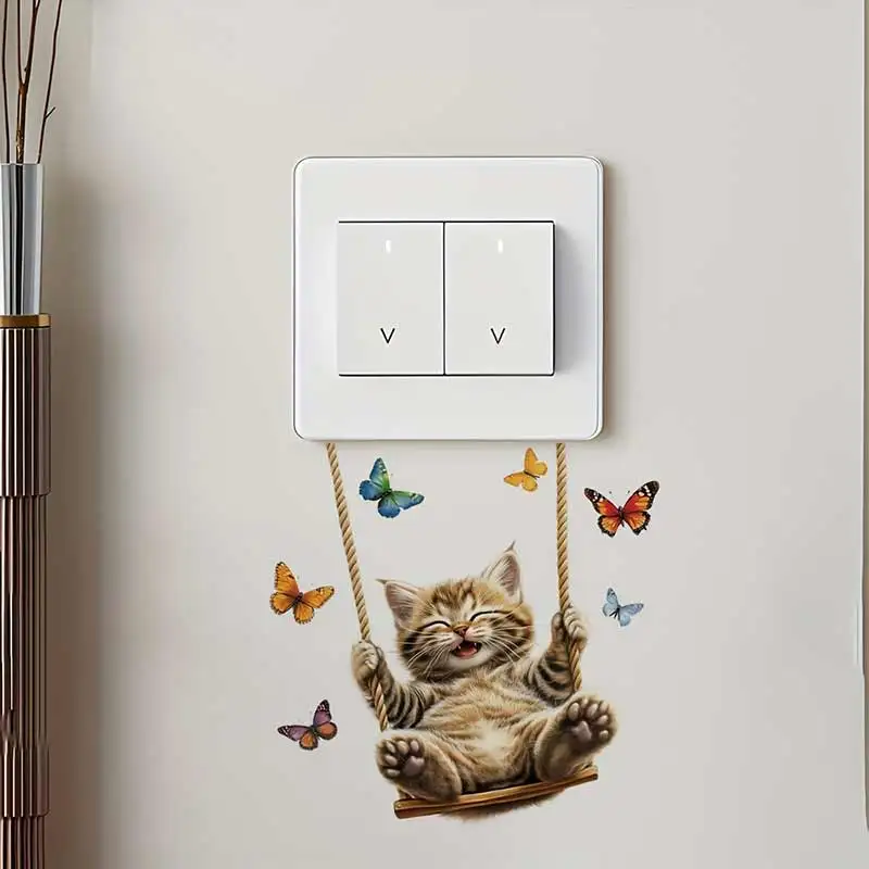 Cute Swing Cat & Butterfly Light Switch Decal- Wall Sticker for Bathroom, Bedroom, Living Room-Easy to Clean Home Decor S659