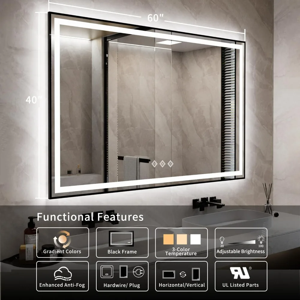 LED Bathroom Mirror, Gradient Front and Backlit Bathroom Mirror with LED Lights, Enhanced Anti-Fog Wall Mounted Backlit Mirror