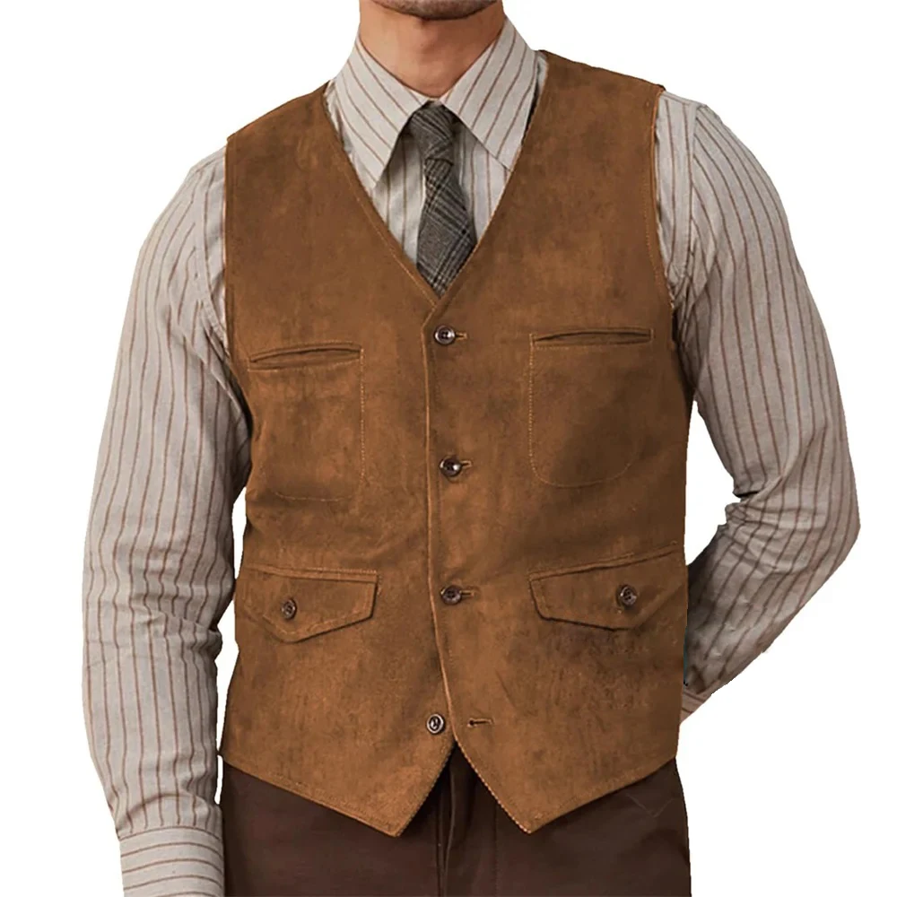 Mens Suede Casual Single Breasted Leather Suit Vest Western Cowboy Punk Style Waistcoat