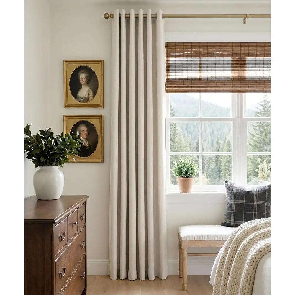 침실용 블랙아웃 린넨 커튼, 거실용 베이지색 그로멧 패널, 유아실용 단열 암막 커튼, 가을 장식