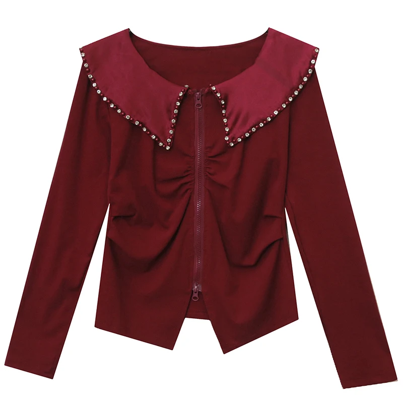 

Black,Korean,Style,Cotton,T-shirt,Chic,Sexy,Doll collar,Spliced,Zipper,Draped,Shiny,Beads,Women,Tops,Long Sleeve,Tees,New,521402