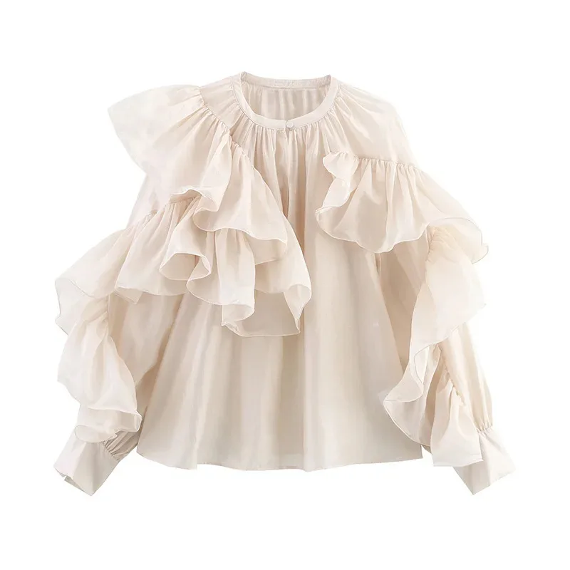 

Bonny Women Fashion Beige Ruffled Pleated Pullover Blouse Vintage O-Neck Long Sleeves Female Chic Lady Shirts