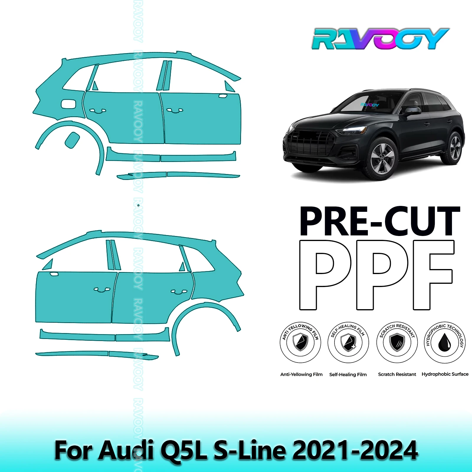 

For Audi Q5L S-Line 2021-2024 8.5mil Clear Matte Pre-Cut PPF Door & A/B Pillar Kit TPU Paint Protection Film Set
