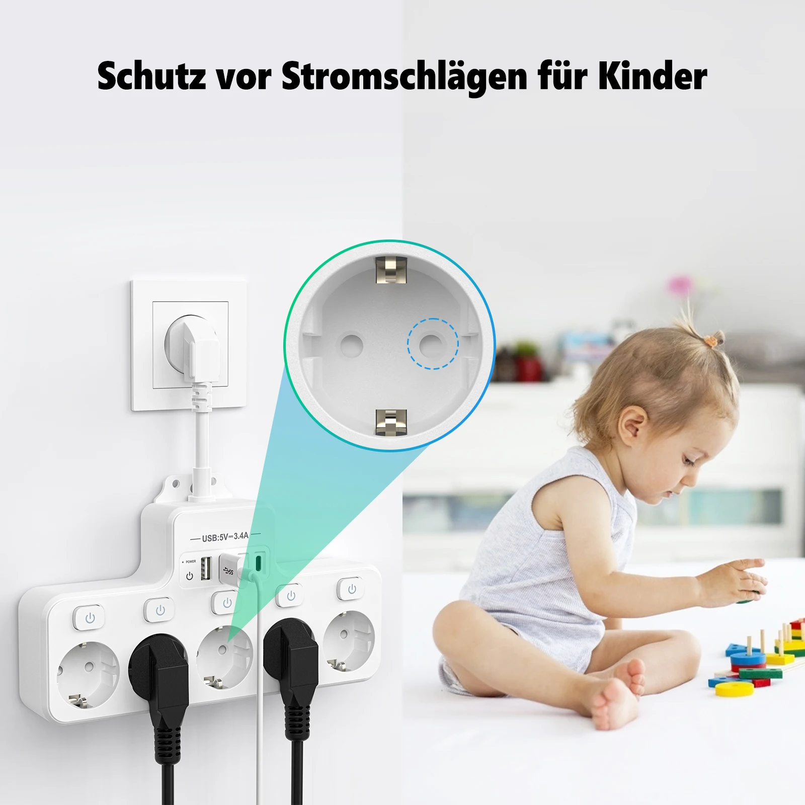 EU KR Plug Power Strip 5-Way AC Outlets with 2 USB 2 Type C Mulit Plug Multicontact Electrical Socket Wall For Home Office image 4