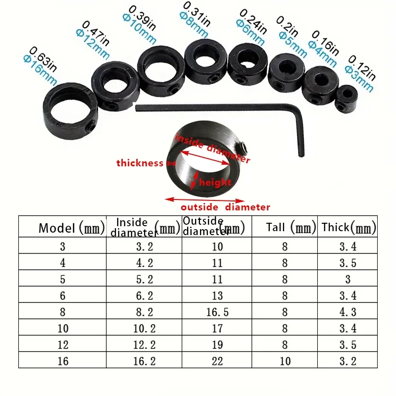 7/8pcs Precision Drill Limit Rings with Small Wrench Positioning Ring Tool Accessories Depth Fixing Ring Woodworking Tool