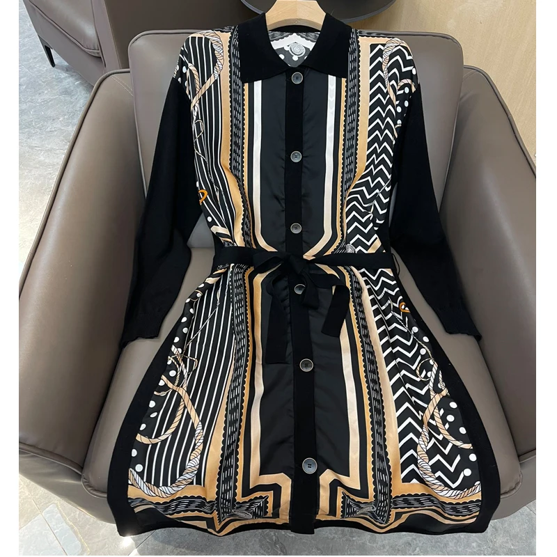 3.2 Women Fashion Silk Print Spliced Lapel Coollar Single Breasted With Belt Mid-Length Wool Knit Cardigan