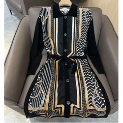 3.2 moda donna stampa seta impiombata bavero Coollar monopetto con cintura Cardigan in maglia di lana di media lunghezza