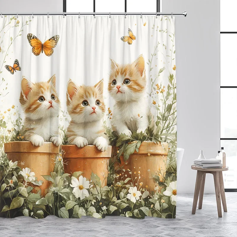 Funny Cats Shower Curtain Cute Animals Butterfly Watercolour Floral Plant Bath Curtains Fabric Home Bathroom Decor With Hooks