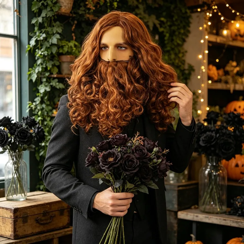 Halloween Christmas Cosplay Supply Santa Wizard Jesus Long Curly Wig And Fake Beard Kit For Character Party Stage Performance