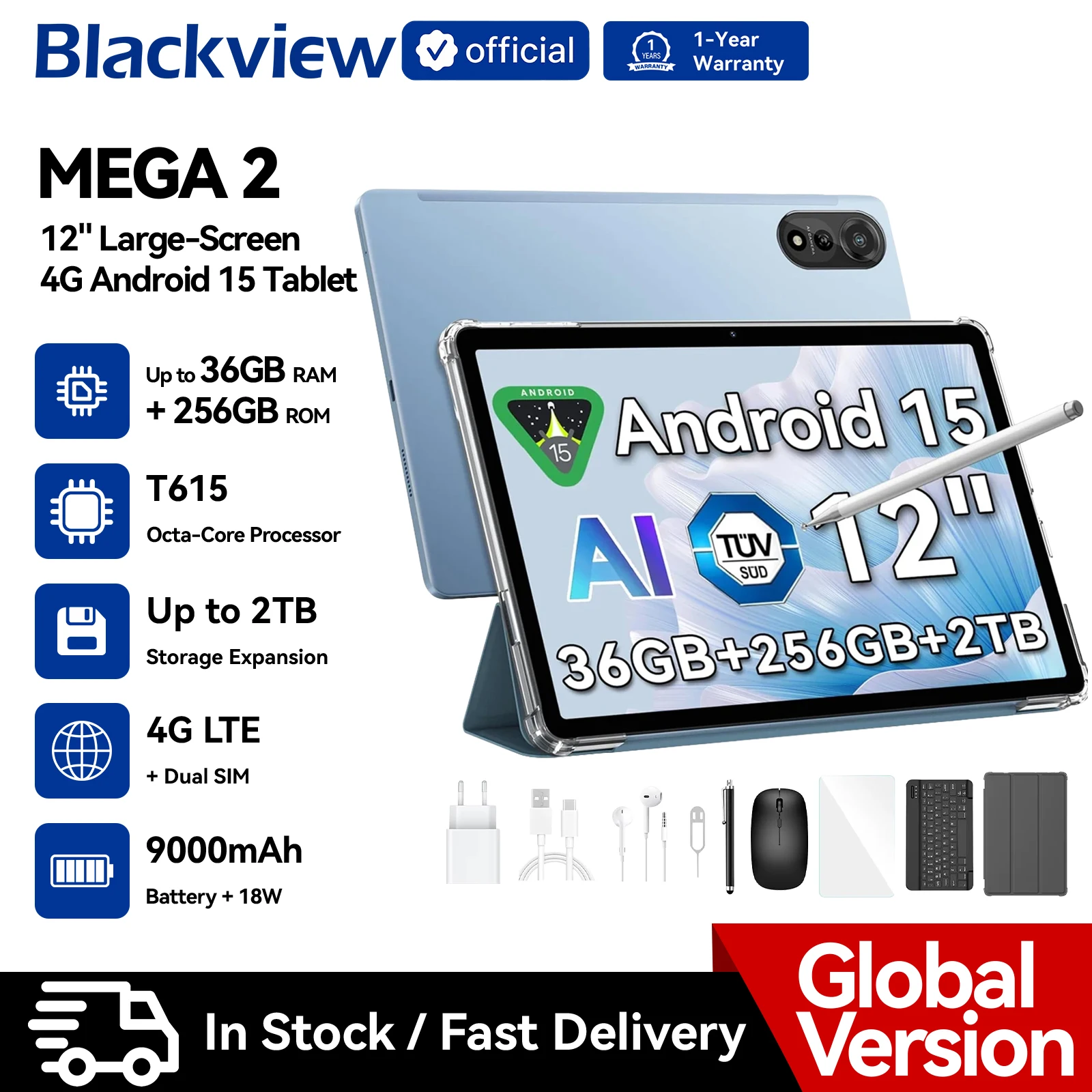 Blackview MEGA 2 Tablet PC 12'' 2K FHD+ Display Unisoc T615 12GB+12GB RAM 256GB ROM 9000mAh Battery 16MP Android 15 4G Tablets