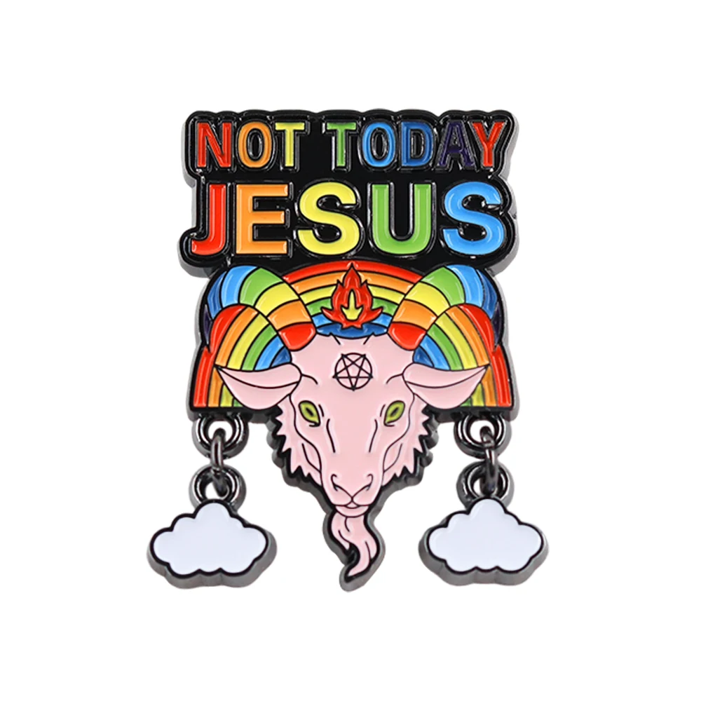 �Not Today Jesus“ Ziegen-Brosche, Regenbogen-Baphomet-Emaille-Pin, subkulturelles Metall-Abzeichen, Wolken-Anhänger, Reversnadel, Dekoration, Geschenk – Detail 6