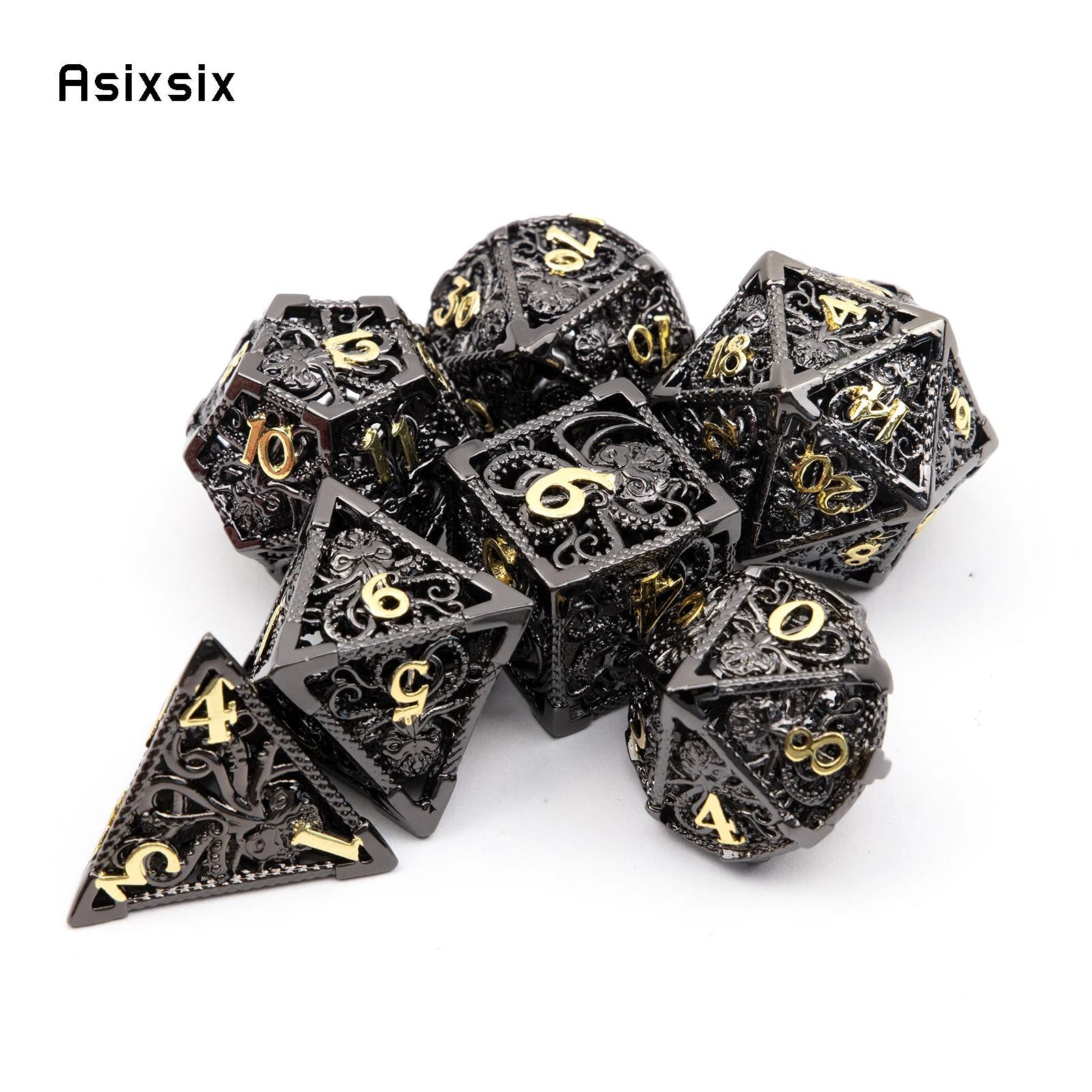 

7 Pcs Black Golden Squid Metal Dice Hollow Metal Polyhedral Dice Set Suitable for Role-Playing RPG Board Game Card Game