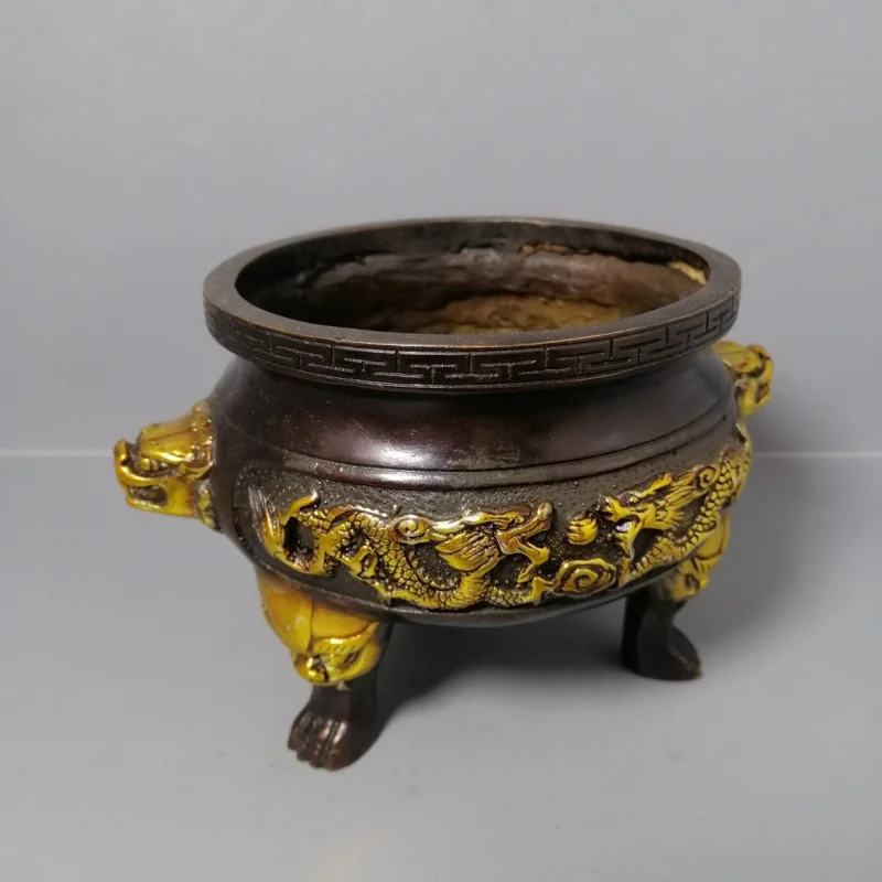 Antique Bronze Collection Gilding Erlong Stove Incense Burner Ornaments Antique Incense Burner Home Living Room Furnishings Craf