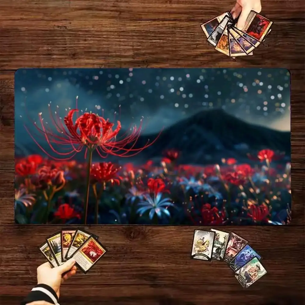 Mystic Night Flower Large Game Playmat, Glowing Fantasy Floral Starry Night Non Slip Rubber  Card Game Desk Pad