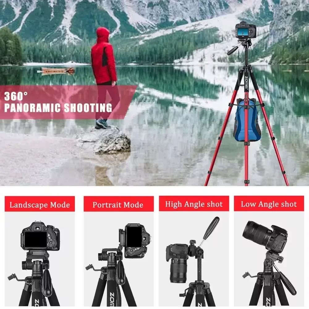 Zomei 187cm/73in Professional Camera Tripod for Canon Nikon 360° Rotation Phone Holder Stand for iPhone Mobile Horizontal Shoot