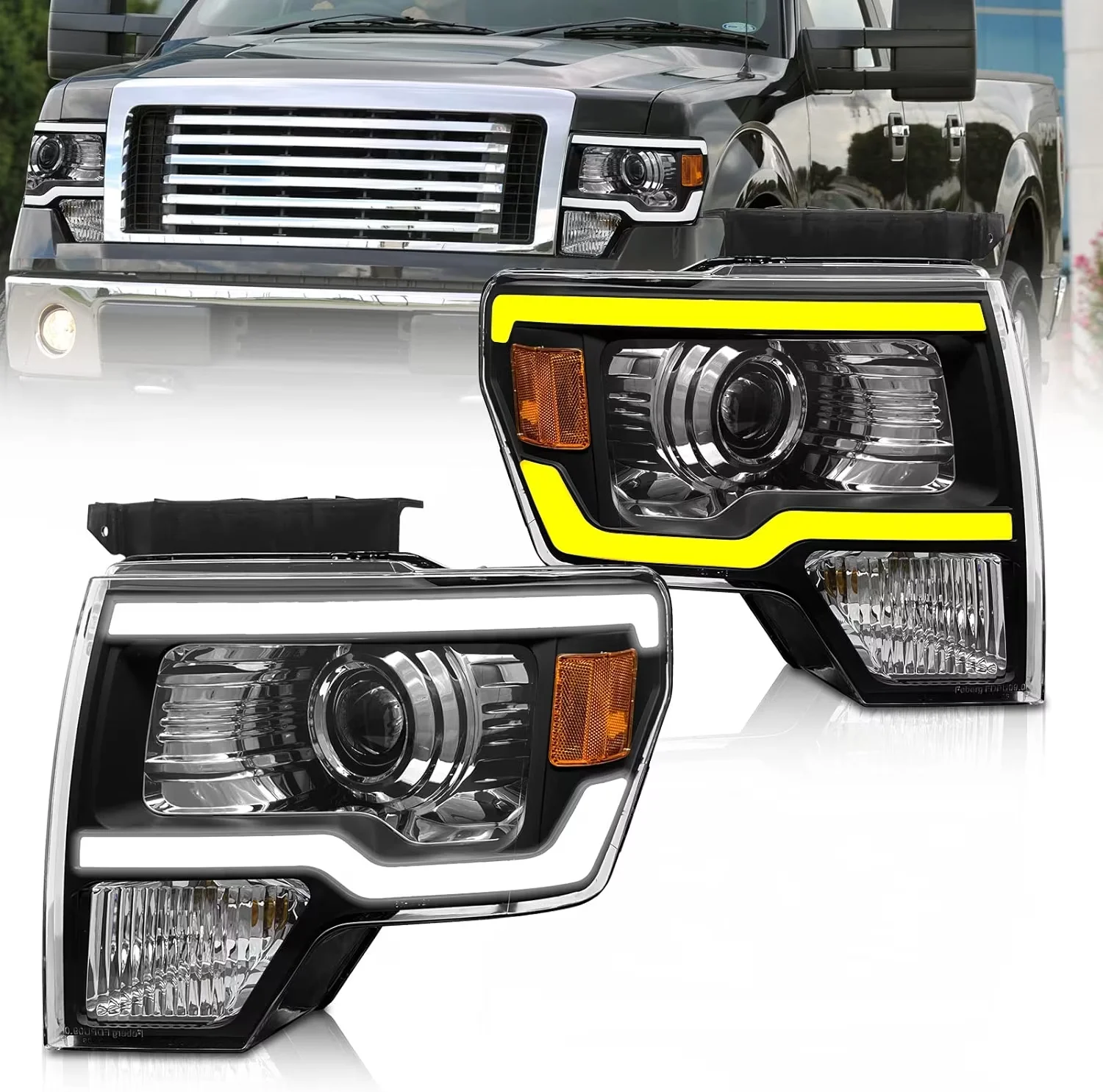 

2009-2014 Ford F150 Pickup LED Tube Projector Sequential Turn Signal Headlight Assembly - LED Strips Black Housing Clear Lens