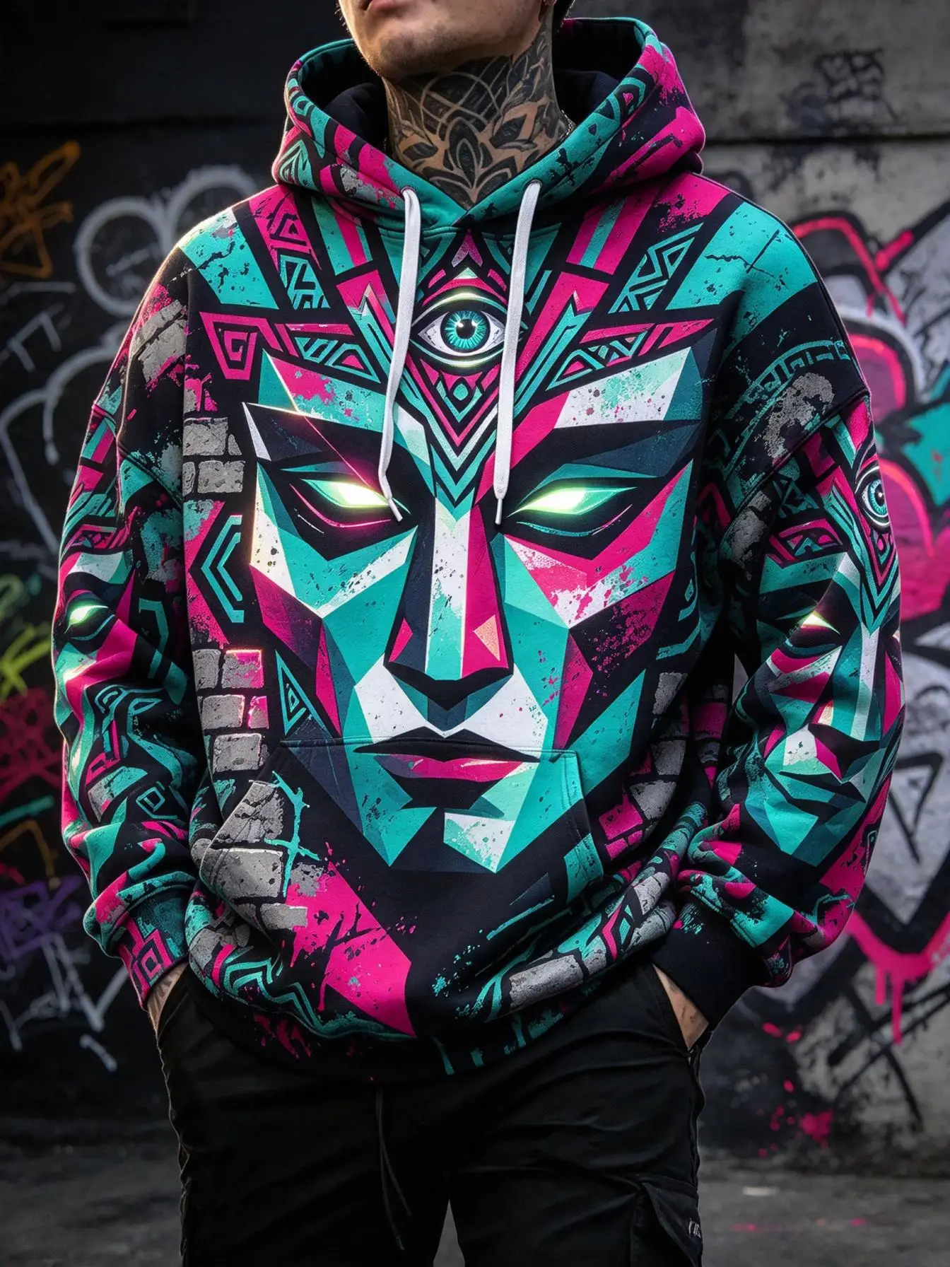 Men's Hoodie Black Pink Green Geometric Totem Mask Print Breathable Soft Pullover Sweatshirt for Streetwear Party Daily Wear