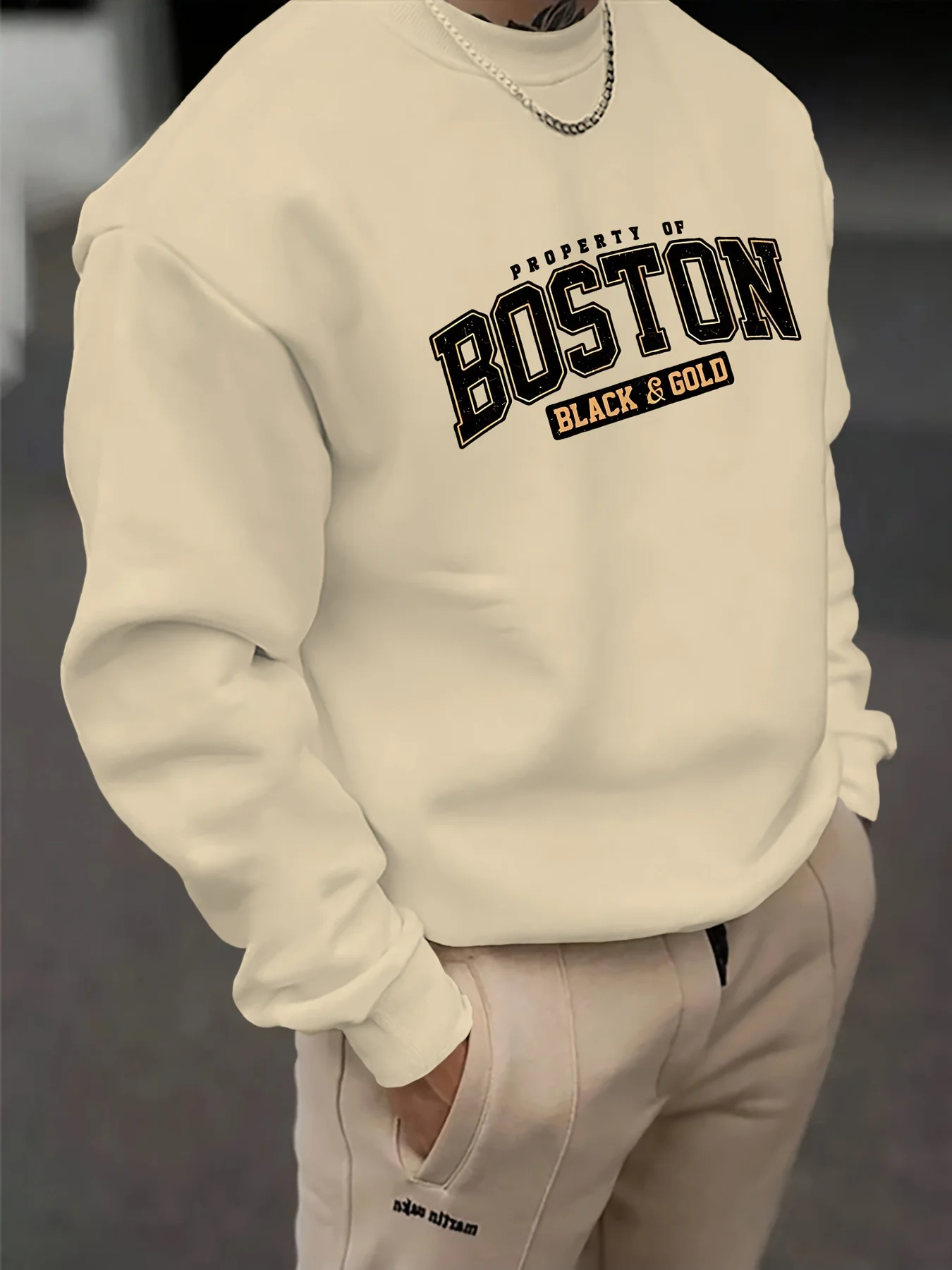 Sudadera holgada informal de moda de otoño e invierno para hombre, sudadera de cuello redondo de manga larga con gráfico de letras doradas y negras Boston