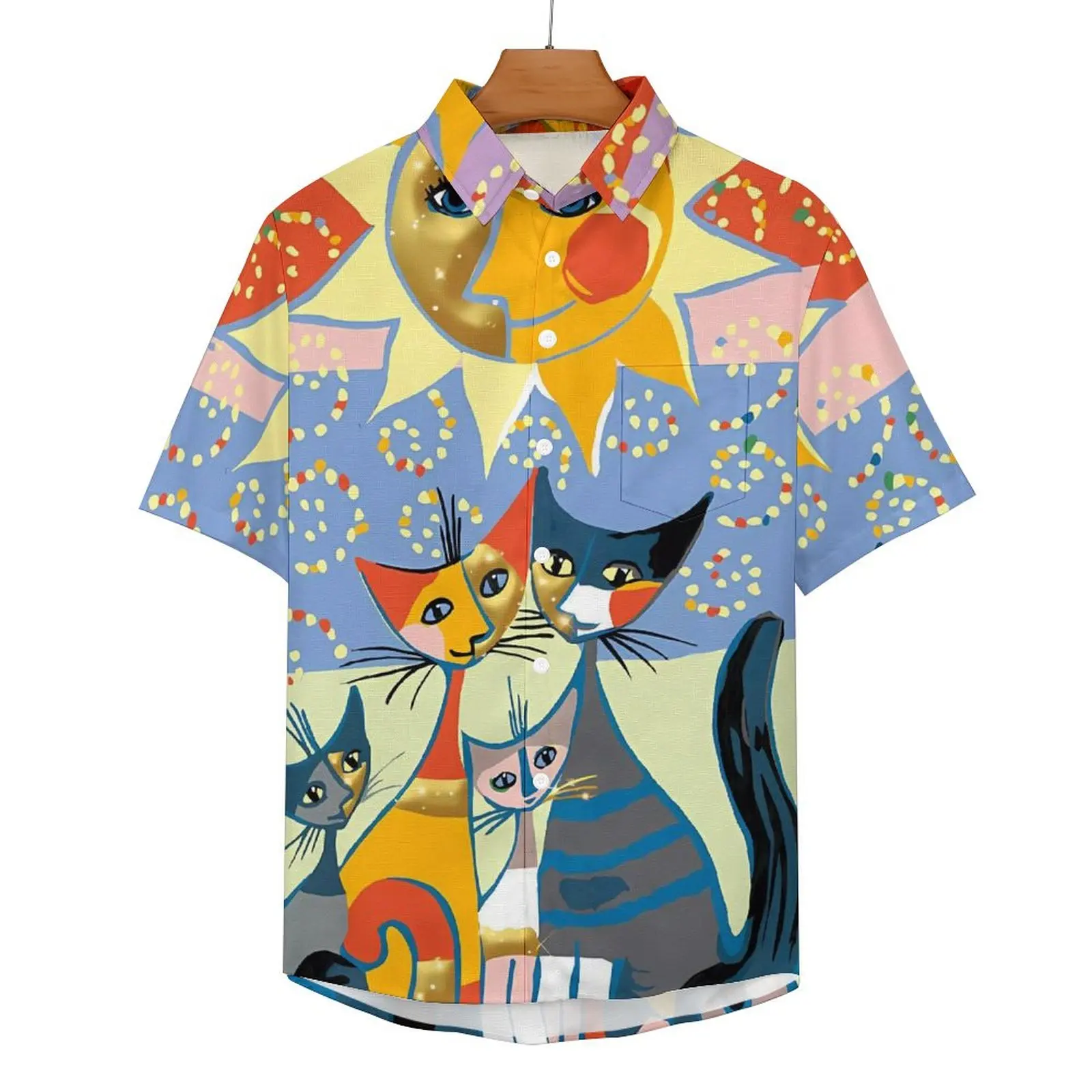 

Abstract Sun And Cat Beach Shirt Animal Print Hawaii Casual Shirts Mens Aesthetic Blouses Short Sleeves Design Clothes Plus Size