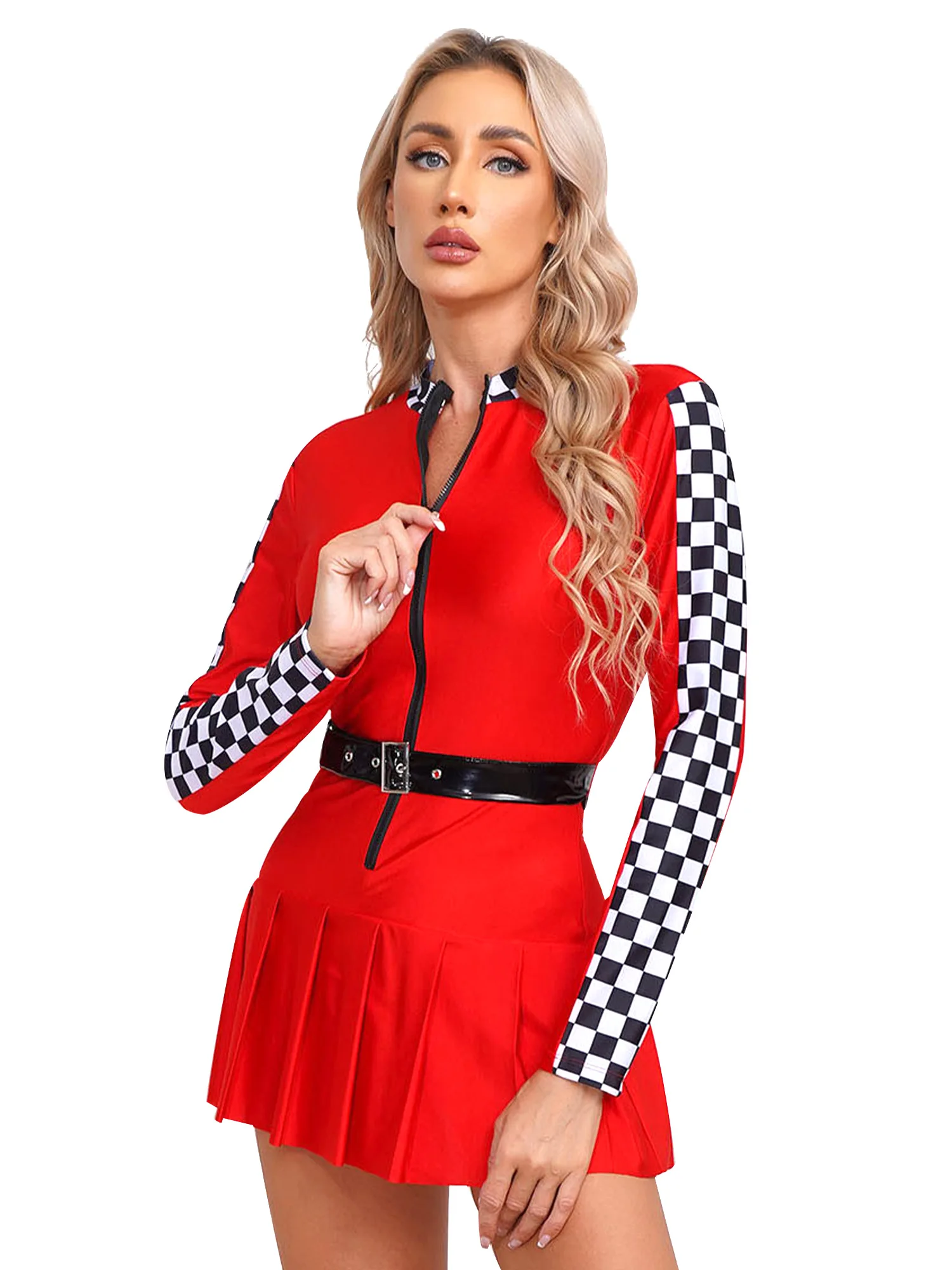 Women Speed Race Car Driver Costume Racer Dress Long Sleeve Zipper Pleated Skirt Racing Driver Dress for Carnival Cosplay Party