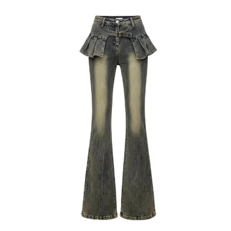Denim Jeans Y2K Women High Waist Flare Faux 2 Piece Ruffle Skirt Overlay Pants Slim Fit Wide Leg Streetwear Trousers Pants New
