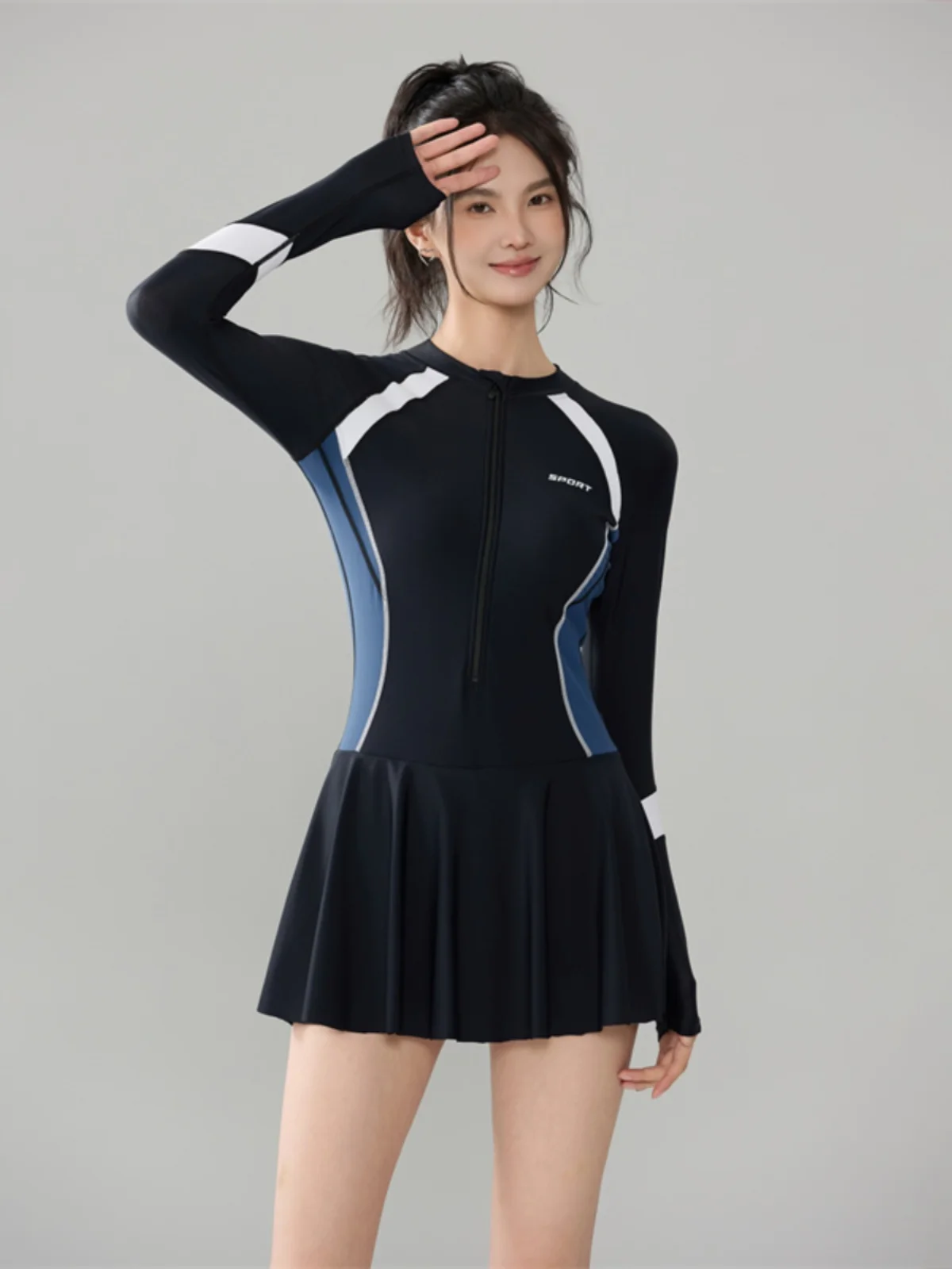 

Long Sleeve Swimsuit for Women Thermal Spring Swimming Quick Dry Belly Covering Sporty Style Nylon Spandex Polyester