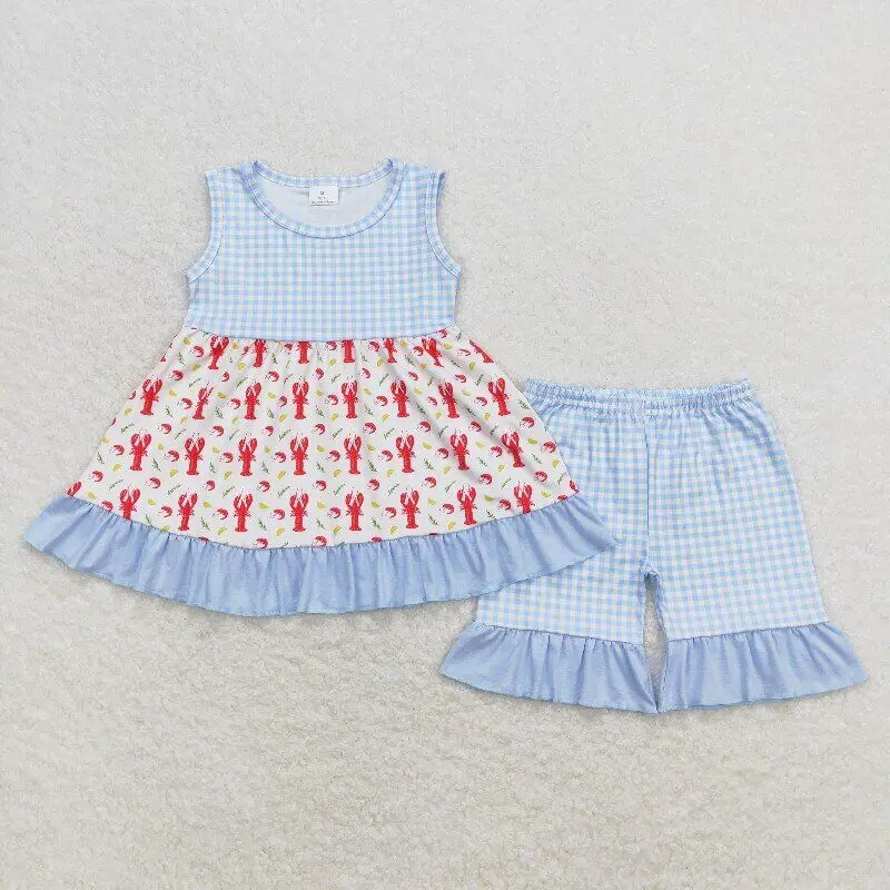 

Boutique wholesale crawfish sky blue clothing Toddler girls summer Outfits Baby children Short Sleeves Shorts Kids hot sale set